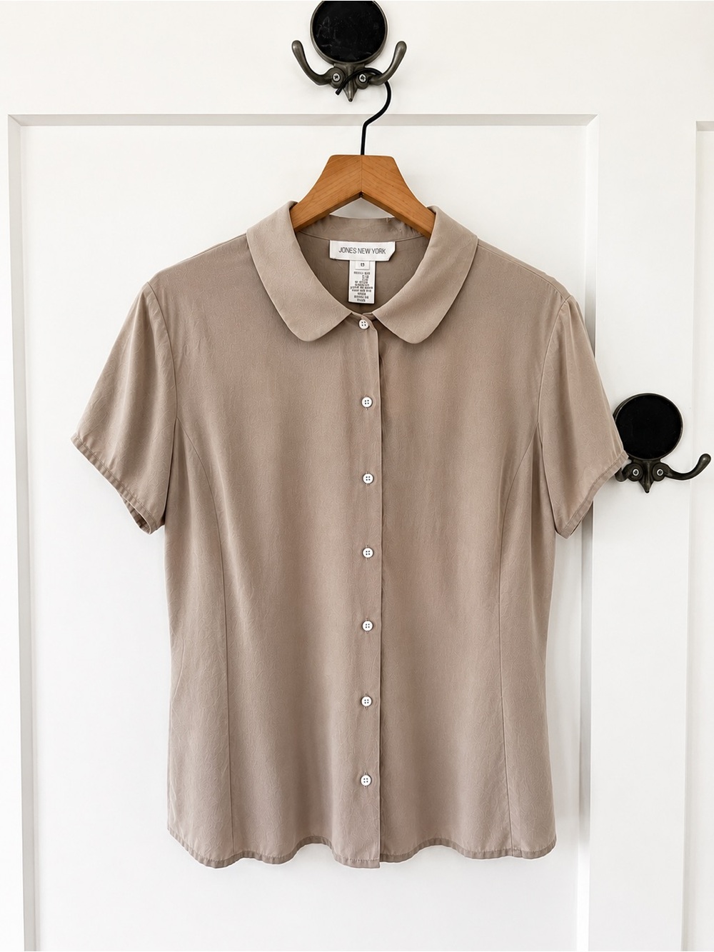 90s Jones New York 100% Silk Blouse | Taupe Minimalist Button Front